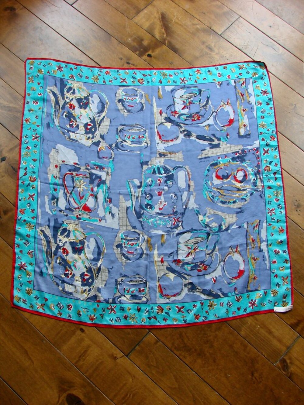 Vintage Perry Ellis 100% Silk Scarf Hand Rolled Japan Teapots Teacups Floral - Picture 9 of 15